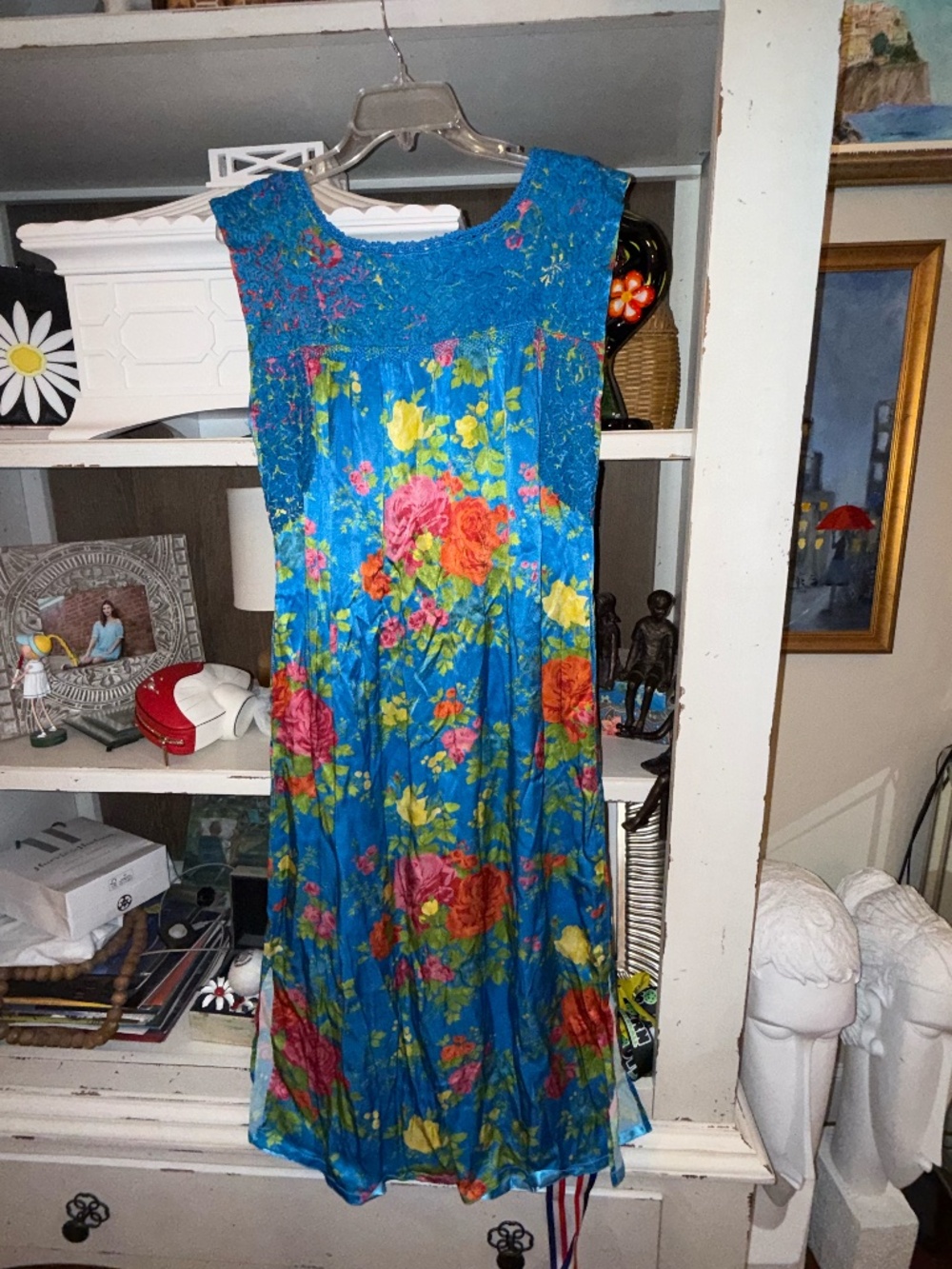 Mi Golondrina mexico Small s blue floral silky midi dress - Picture 6 of 6